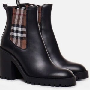 Burberry Black Leather Heeled Boots with Plaid Accent